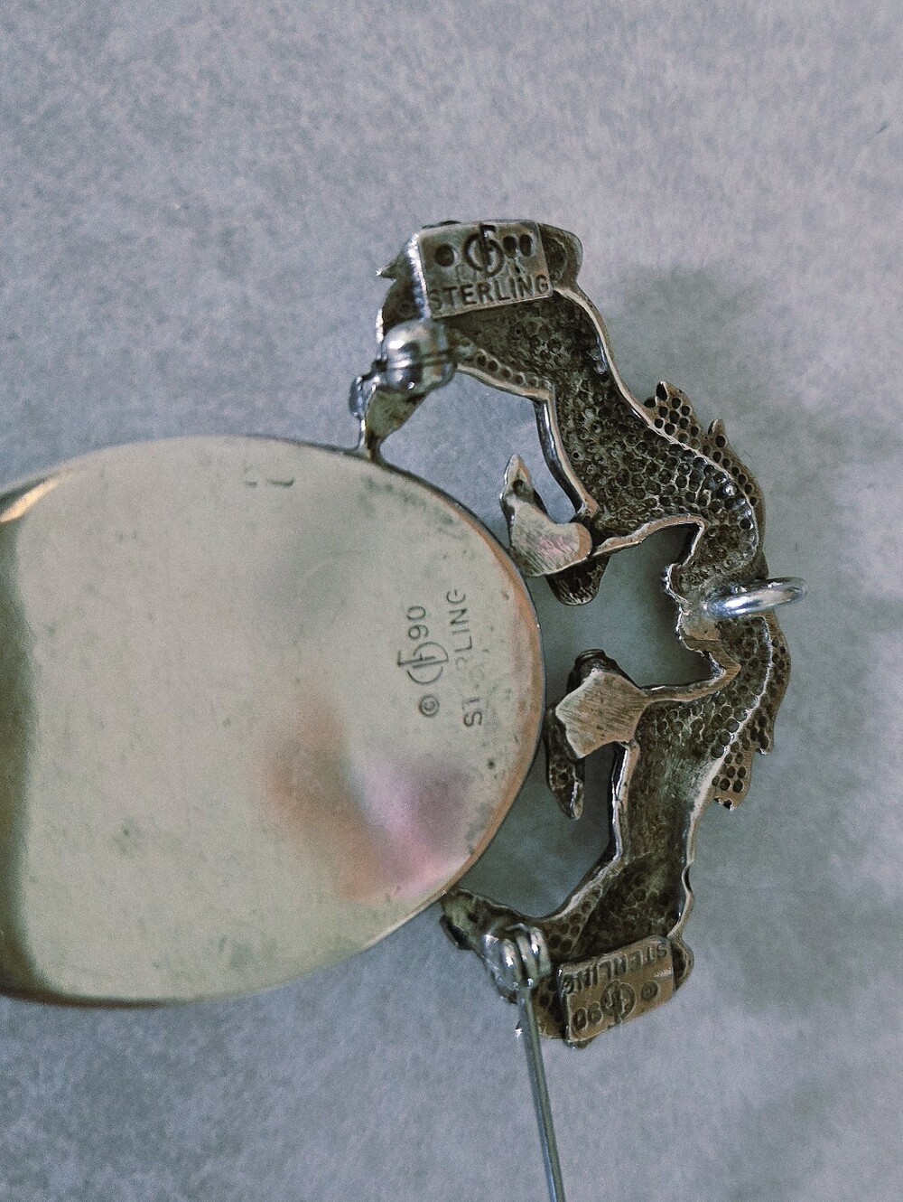 Vintage .925 Sterling Silver Horses Pendant/Brooch with Large Turquoise Stone - Picture 7 of 7
